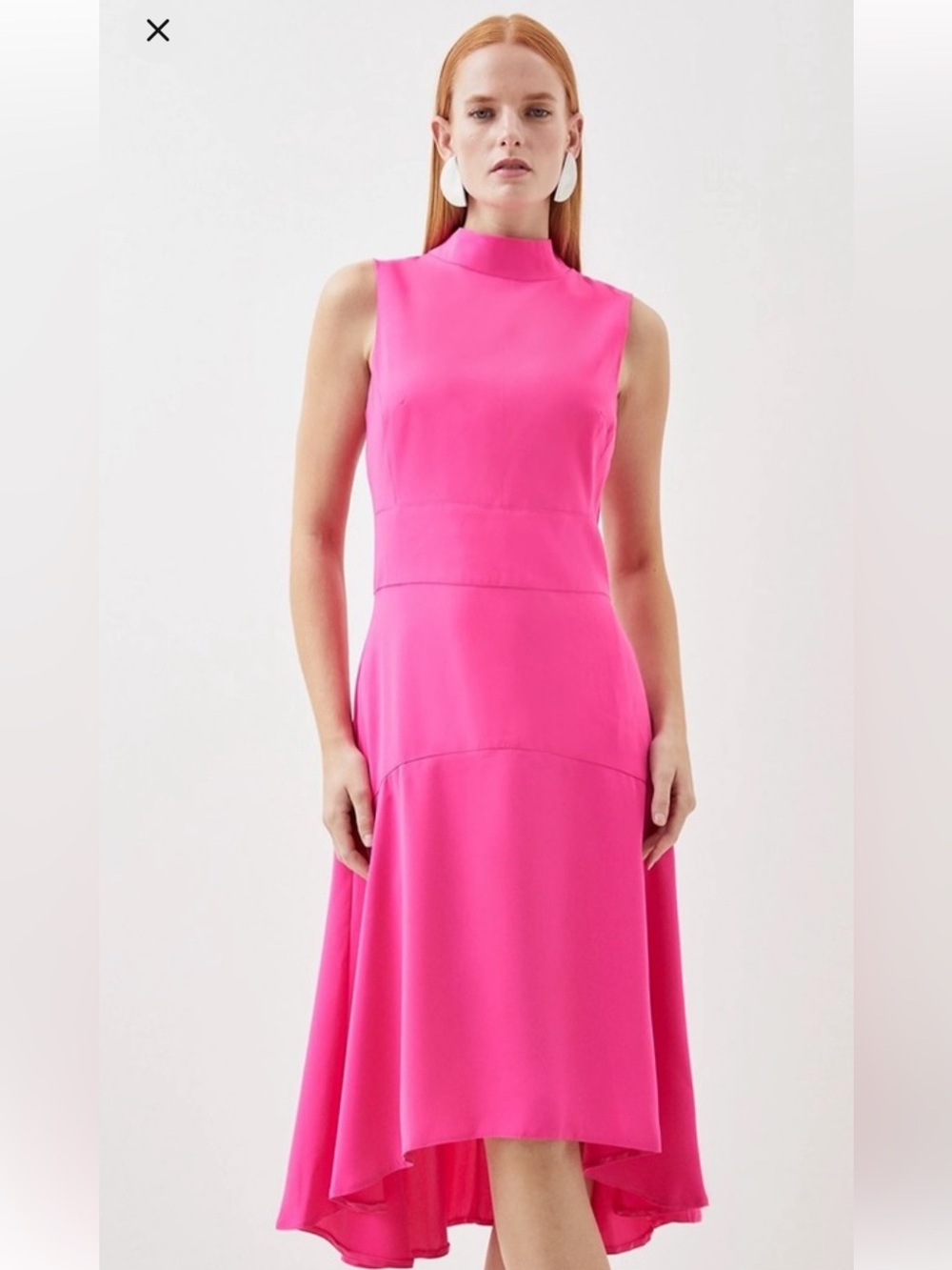Karen Millen Hot Pink High-Neck High-Low Midi Dress
